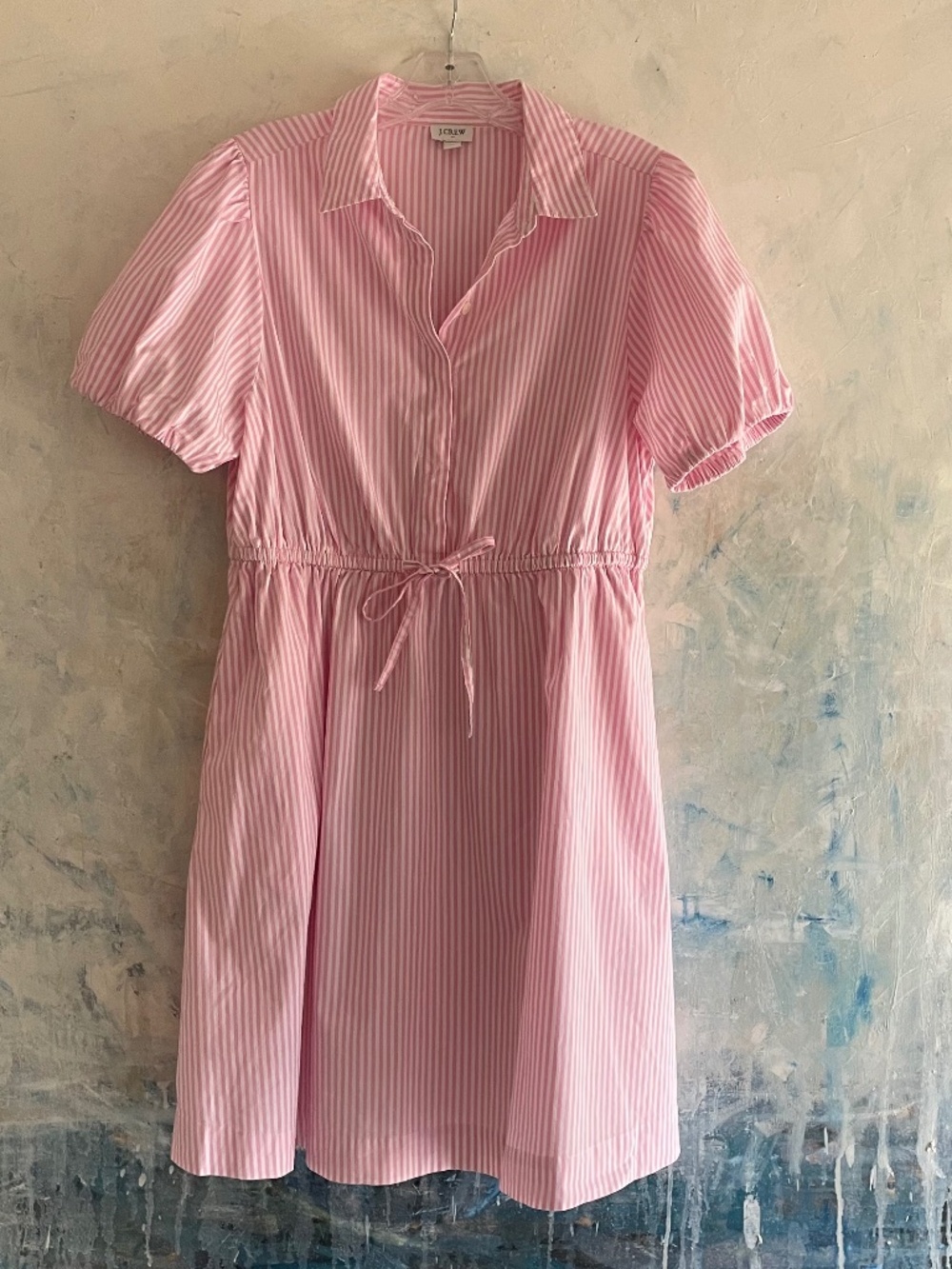 J.Crew Pink White Striped Puff Sleeve Shirtdress Romantic Preppy Mini - 10 EUC